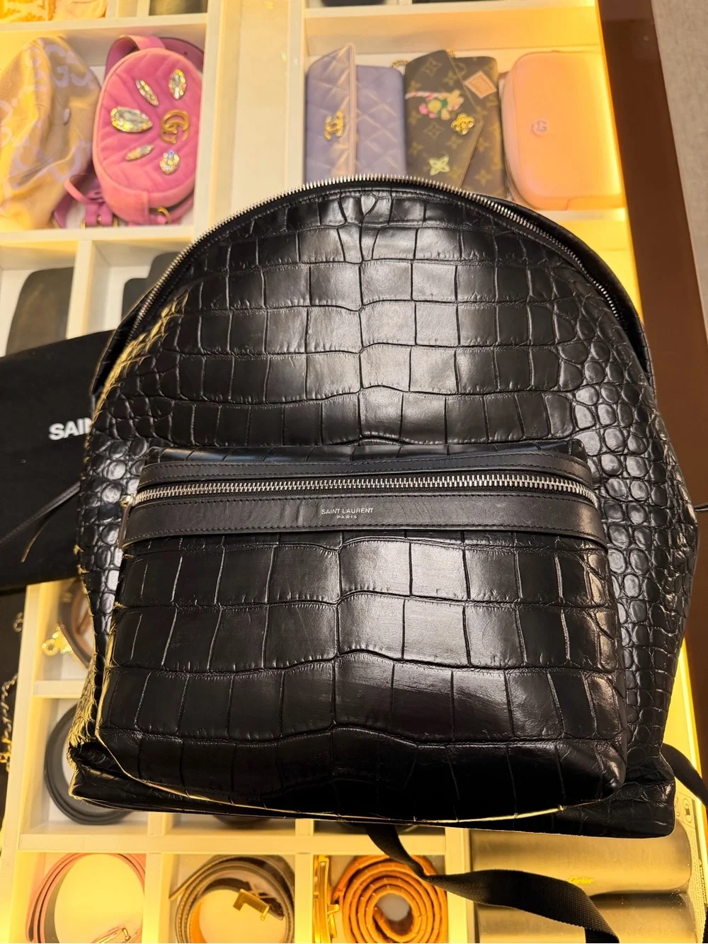 Saint Laurent Black Croc-Embossed Leather Backpack with Front Zip Pocket